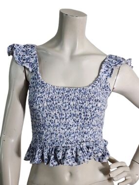 Altar'd State Crop Top Women's M Blue Floral Smocked Ruffle